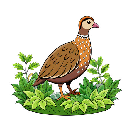 Cartoon partridge standing in lush green foliage against a white background, illustrationのイラスト素材