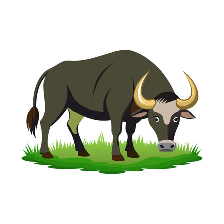 Cartoon water buffalo grazing on grass with golden horns, vector illustrationのイラスト素材