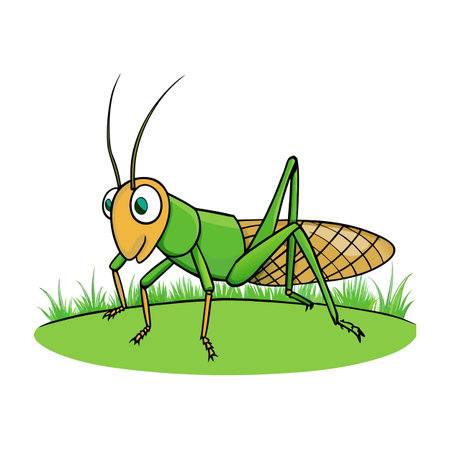Cartoon Grasshopper Illustration with Green Grass and a White Background for Designのイラスト素材