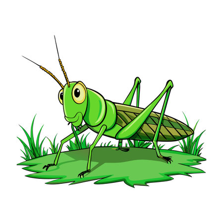 Cartoon grasshopper on a patch of grass isolated on a white backgroundのイラスト素材
