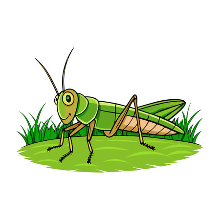 Cartoon grasshopper standing on grass patch with a white isolated backgroundのイラスト素材