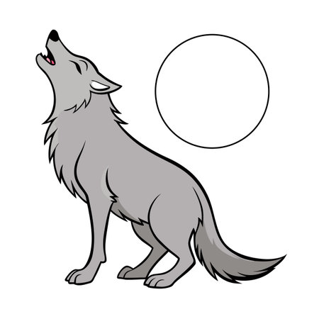 Howling Wolf Cartoon with Full Moon Silhouette in Gray and Black Colors