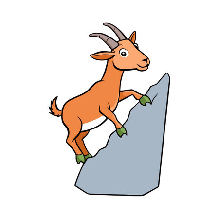 Cute cartoon goat climbing up a gray rock against a white backgroundのイラスト素材