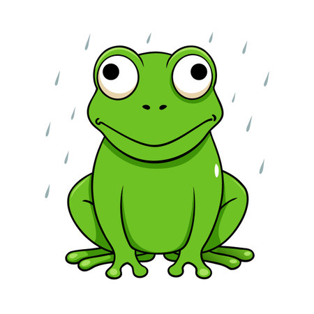 Cartoon frog sitting in the rain with big eyes looking upwards illustrationのイラスト素材
