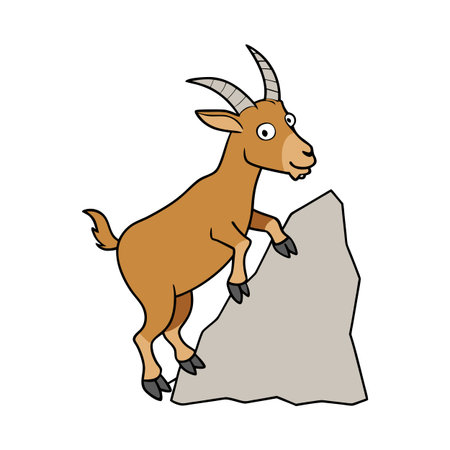 Cartoon goat climbing rock illustration with curious expression and thick outline styleのイラスト素材