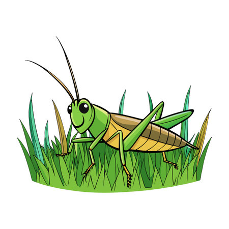 Cartoon grasshopper sitting in vibrant green grass with a cheerful expressionのイラスト素材