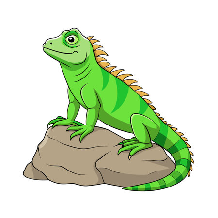 Cartoon illustration of a green iguana perched atop a smooth gray rockのイラスト素材