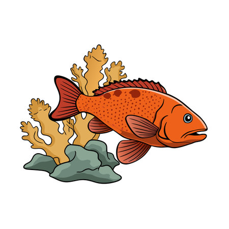 Cartoon Orange Fish Swimming Near Coral Reef and Rocks Underwater Illustrationのイラスト素材