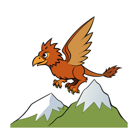 Cartoon griffin flying over snow-capped mountains illustration in a vibrant graphic styleのイラスト素材