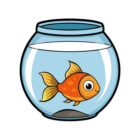 Cartoon goldfish swimming in a clear bowl filled with water and sandのイラスト素材