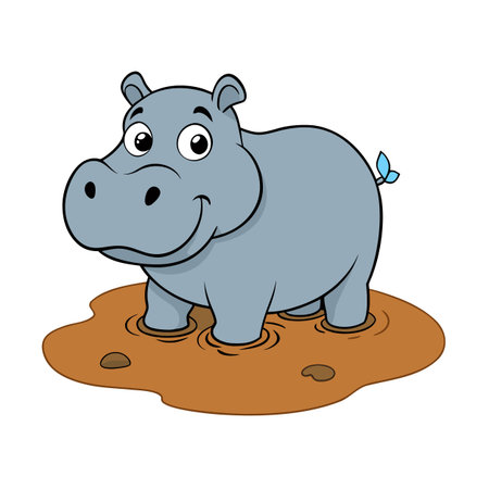 Cartoon hippo standing in muddy water, illustration for kids material designのイラスト素材