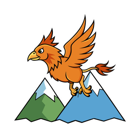 Cartoon Griffin Flying Over Snowy Mountains, Whimsical Illustration for Children's Booksのイラスト素材