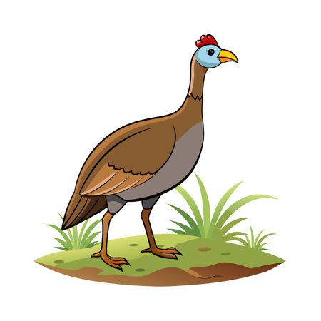 Cartoon Guinea fowl illustration standing on grass with white isolated backgroundのイラスト素材