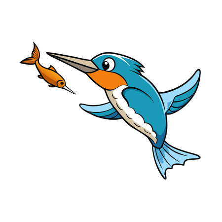 Colorful Cartoon Kingfisher Bird Hunting a Small Fish, isolated on whiteのイラスト素材