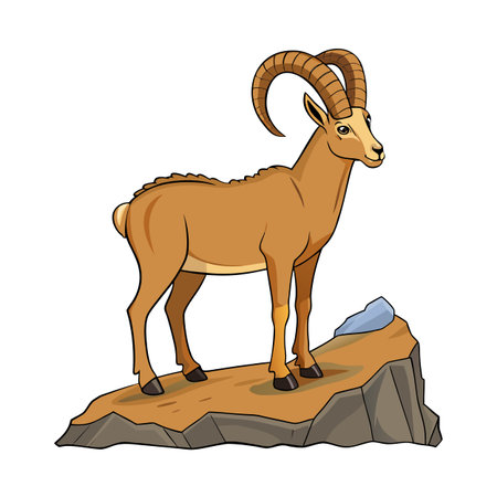 Cartoon ibex on a rock outcrop against a white background in graphic styleのイラスト素材