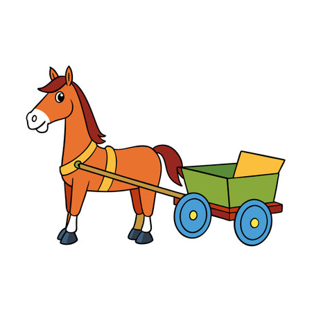 Cartoon-style illustration of a toy horse pulling a small wooden cart.のイラスト素材
