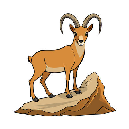 Cartoon ibex with curved horns standing proudly on a rock formationのイラスト素材