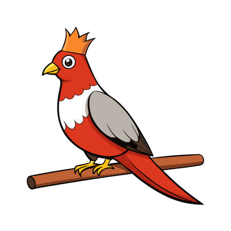 Cartoon red bird with a golden crown perched on a wooden branchのイラスト素材
