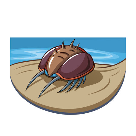 Cartoon horseshoe crab resting on sandy beach near gentle ocean wavesのイラスト素材