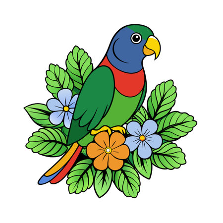 Vibrant parrot illustration with floral accents on a clean white backgroundのイラスト素材