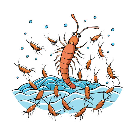 Cartoon Illustration of a Group of Shrimp in a Blue Seaのイラスト素材