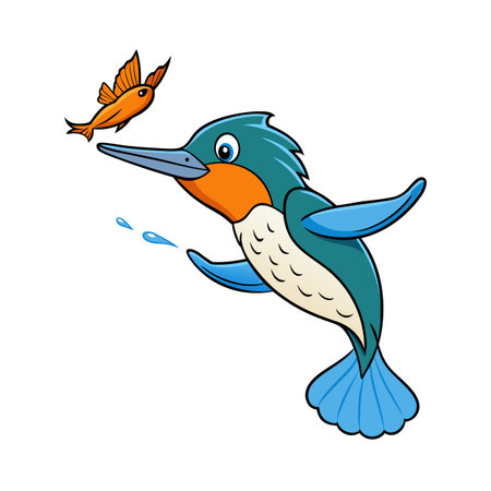Colorful cartoon kingfisher about to catch a small flying orange fishのイラスト素材