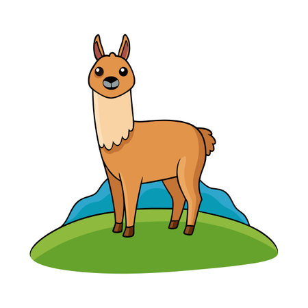 Cartoon llama standing on a green hill with blue mountains behind it.のイラスト素材