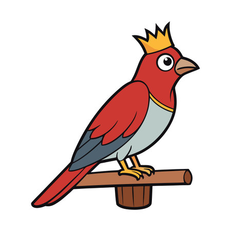Cartoon red bird with a golden crown perched on a wooden standのイラスト素材