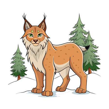 Cartoon Lynx Standing in Snowy Forest with Green Pine Trees Illustrationのイラスト素材