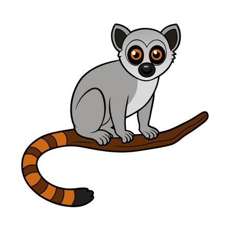 Cartoon lemur sitting on a branch with striped tail illustrationのイラスト素材