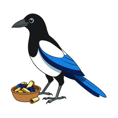 Illustration of a magpie bird standing next to bowl filled with objectsのイラスト素材