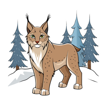 Cartoon Lynx in Winter Forest: Illustration of a Wild Feline Animalのイラスト素材