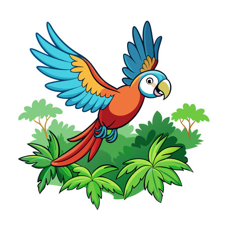 Cartoon macaw parrot flying over tropical plants in a colorful jungleのイラスト素材