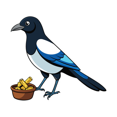 Cartoon magpie with brown bowl full of fries, standing on white backgroundのイラスト素材