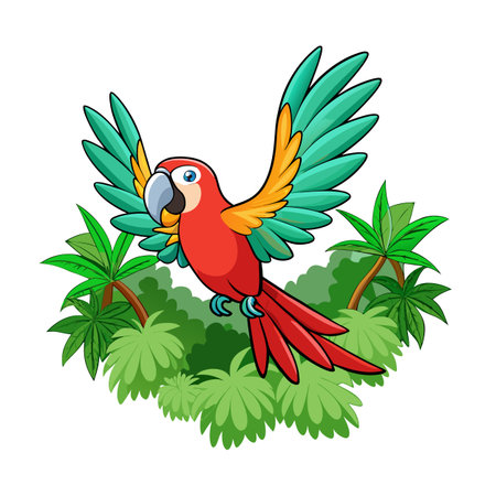 Colorful Cartoon Macaw Parrot Flying Above Lush Tropical Greenery Illustrationのイラスト素材