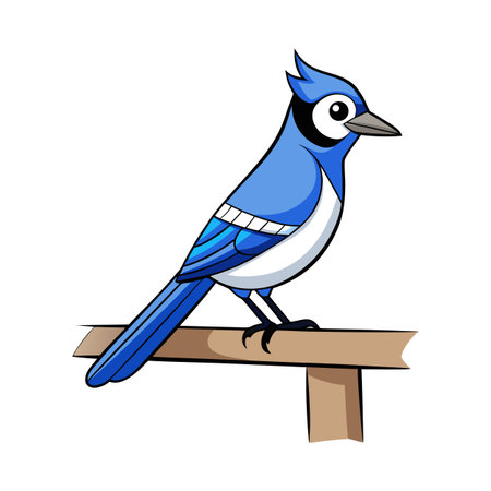 Vibrant Blue Jay Cartoon Illustration Perched on Wooden Support Graphic Designのイラスト素材