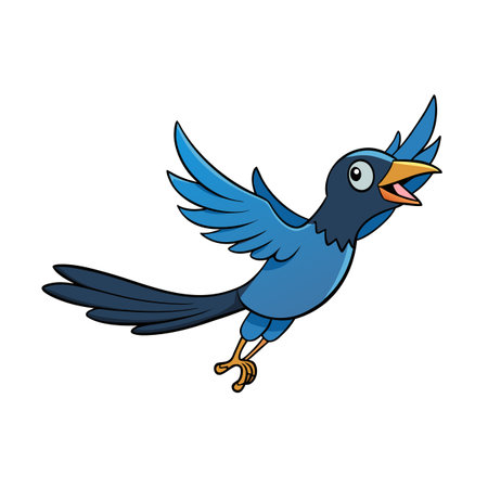 Cartoon blue bird flying with open beak and outstretched wings, illustrationのイラスト素材