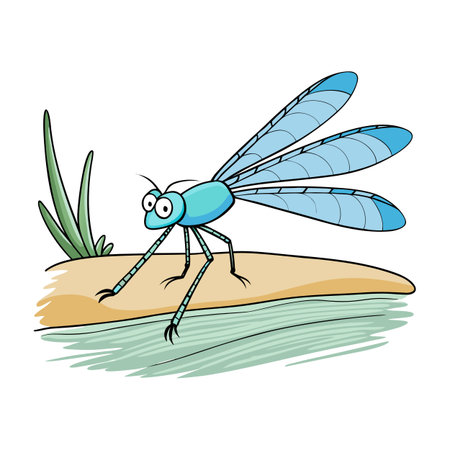 Cartoon dragonfly resting near water and vegetation on land vector illustrationのイラスト素材