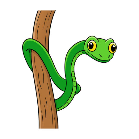 Green cartoon snake coiling around a tree branch with white backgroundのイラスト素材