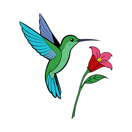 Colorful Cartoon Hummingbird with Pink Flower, Illustrative Vector Design on White Backgroundのイラスト素材