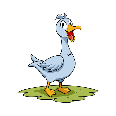 Cartoon goose standing on grass with wide eyed surprised expression in flat designのイラスト素材