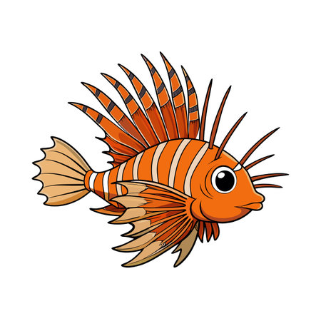 Cartoon Lionfish Illustration in Bright Orange with Stripes and Bold Outlinesのイラスト素材