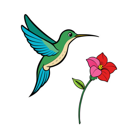 Hummingbird flying towards flower with vibrant colors in a cartoon style illustrationのイラスト素材