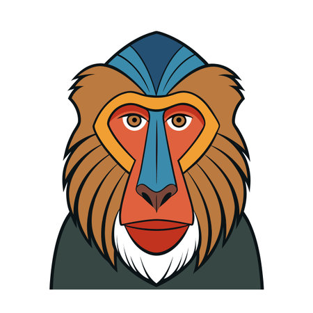 Cartoon style mandrill face portrait with blue head and orange accentsのイラスト素材