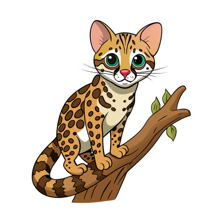 Cartoon Ocelot Perched on a Branch Illustration on White Backgroundのイラスト素材