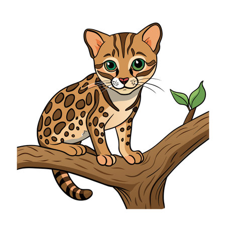 Cartoon leopard cat sitting on a tree branch isolated on white backgroundのイラスト素材