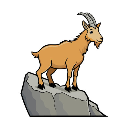 Cartoon goat standing proudly on a rocky mountain peak illustrationのイラスト素材