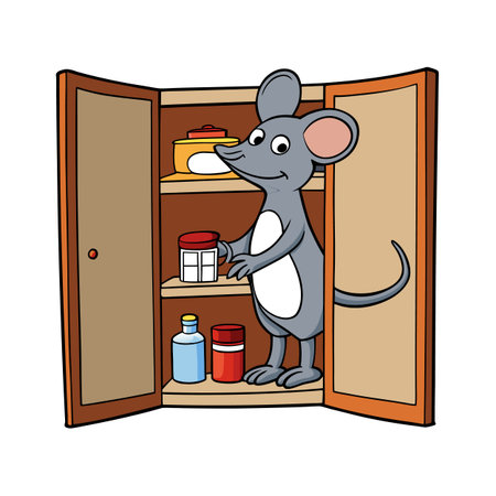 Cartoon mouse raiding a pantry or cupboard filled with various food itemsのイラスト素材