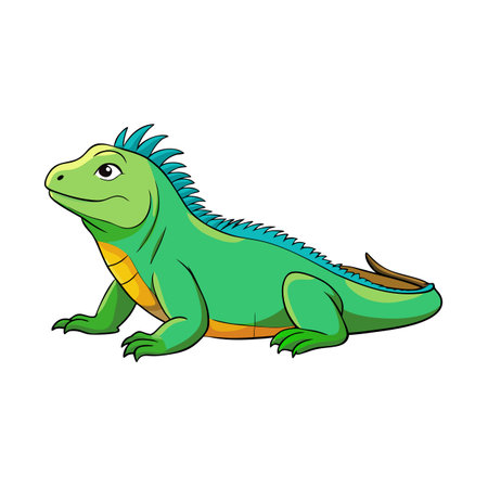 Illustration of a cute cartoon iguana with friendly expression, isolated on whiteのイラスト素材