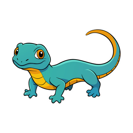 Cartoon gecko character with blue body and yellow accents on a white backgroundのイラスト素材